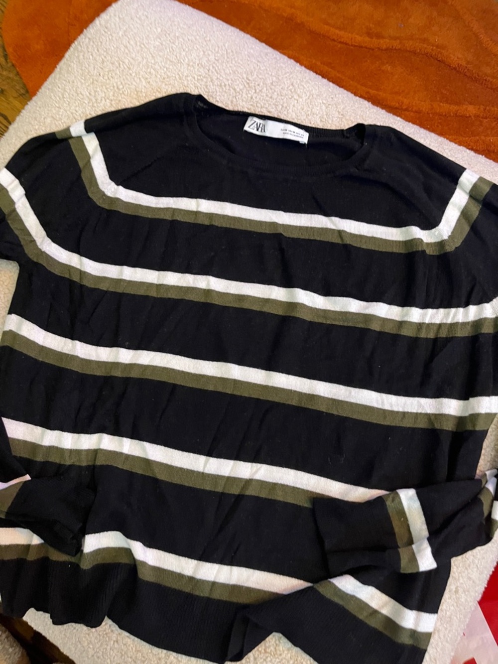 Zara Black Crewneck with White and Olive Stripes